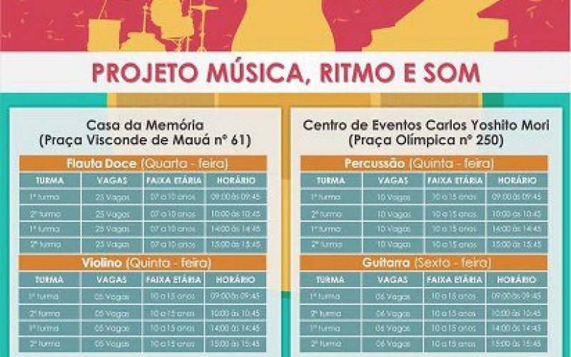 Prefeitura oferece cursos gratuitos de instrumentos musicais