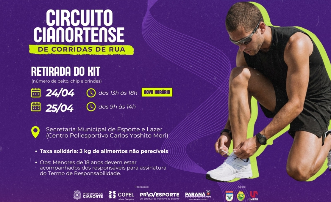 Inscritos no Circuito Cianortense de Corridas de Rua devem retirar kit