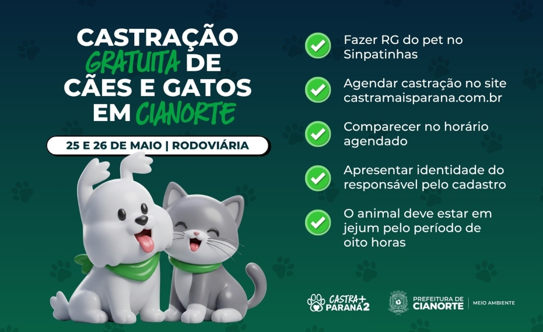 Abertas as inscrições para mutirão de castração gratuita de cães e gatos em Cianorte 