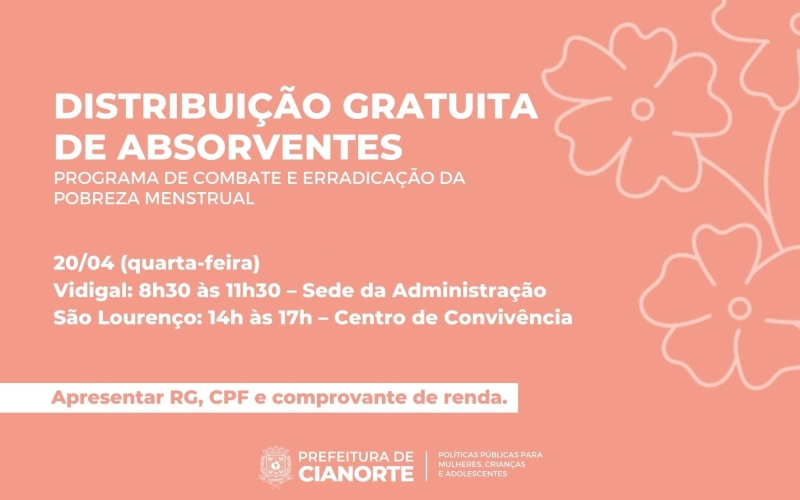 Quarta-feira tem distribuição de absorventes em Vidigal e São Lourenço