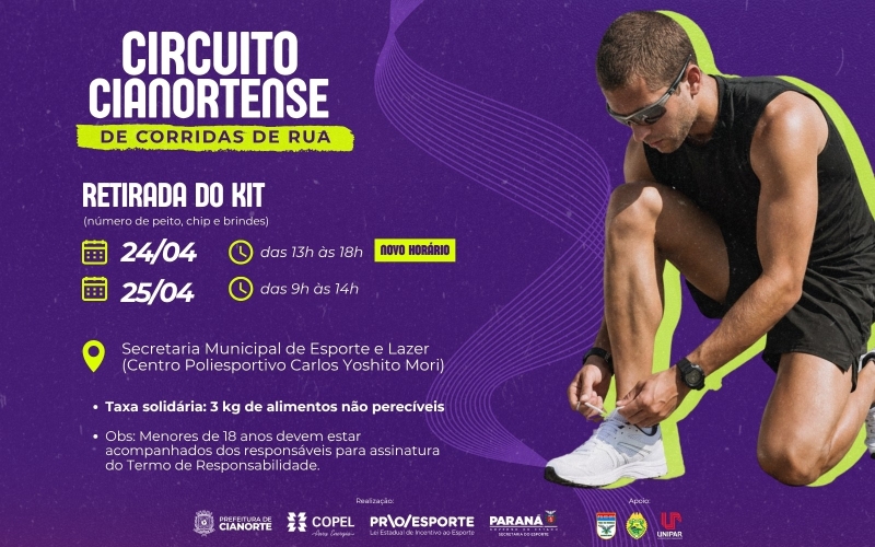 Inscritos no Circuito Cianortense de Corridas de Rua devem retirar kit