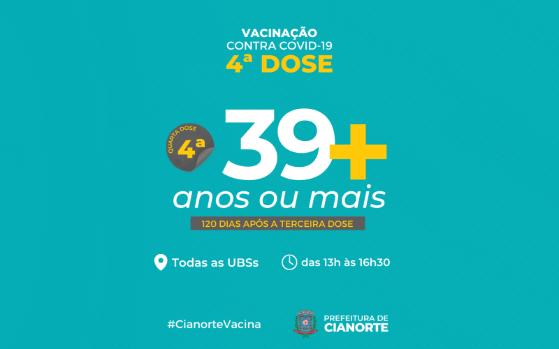 Cianorte tem aplicação da 4ª dose contra Covid-19 para população de 39 anos