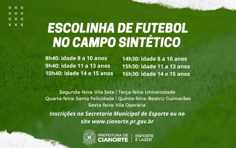 Secretaria de Esporte abre inscrições para escolinha de futebol em campo sintético