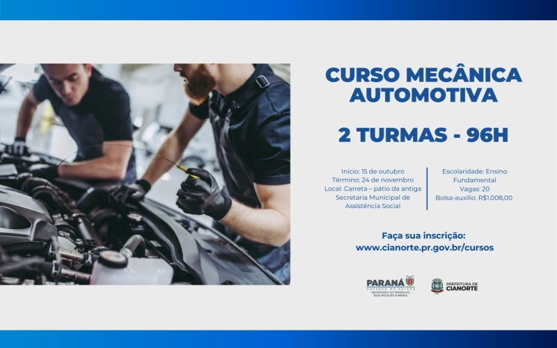 Abertas as inscrições para curso gratuito de mecânica de automóveis com bolsa-auxílio 