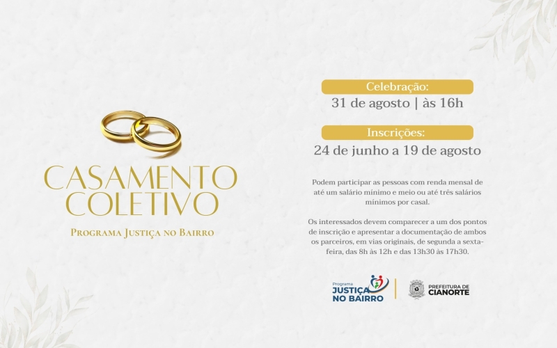 Inscrições para Casamento Coletivo começam nesta segunda-feira