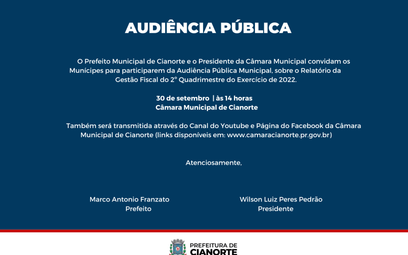 Audiência Pública sobre Gestão Fiscal acontece na sexta-feira