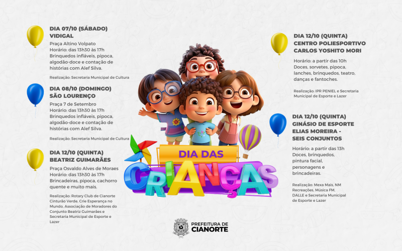 Em Cianorte, Dia das Crianças terá programação especial