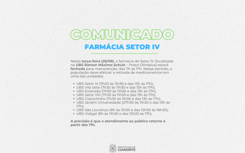 Farmácia do Setor IV fecha para manutenção nesta terça-feira 