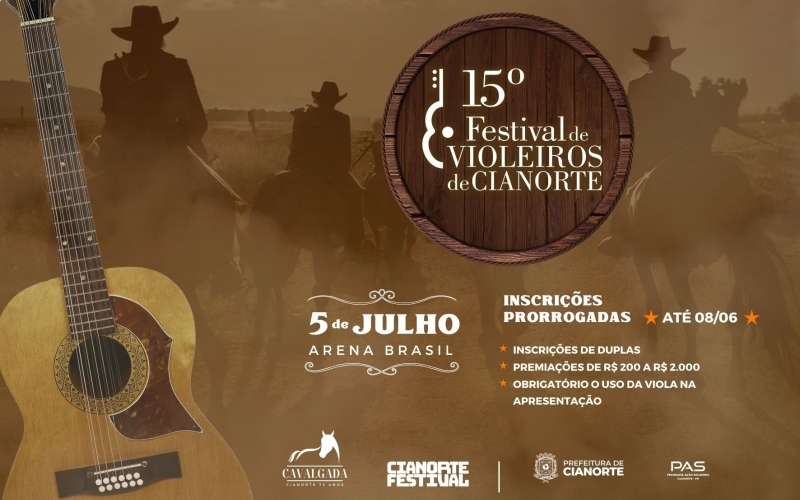 Inscrições para o 15º Festival de Violeiros de Cianorte são prorrogadas