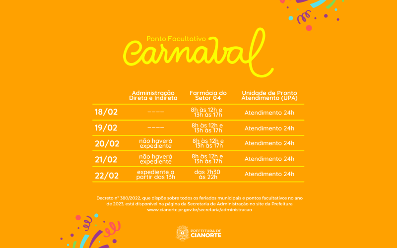 Saiba como será o funcionamento das repartições municipais durante o Carnaval