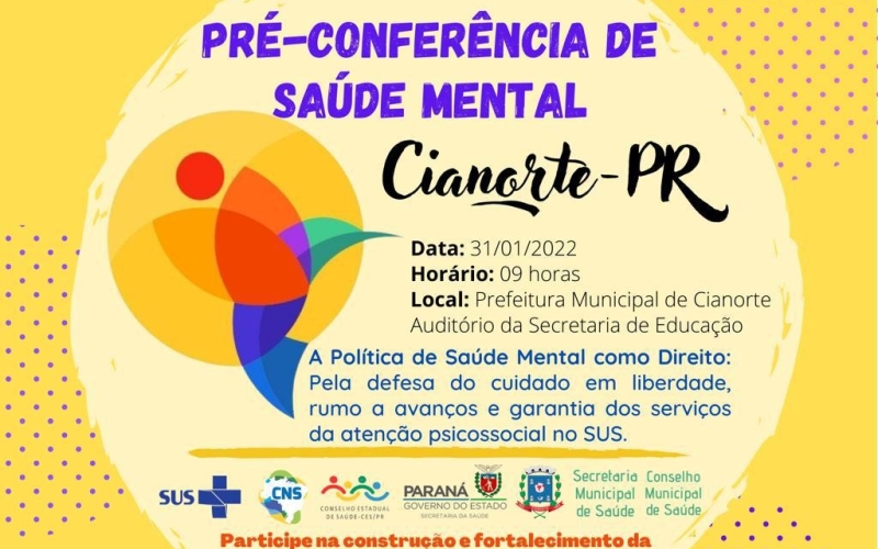 Pré-Conferência Municipal de Saúde Mental acontece em Cianorte na próxima segunda-feira