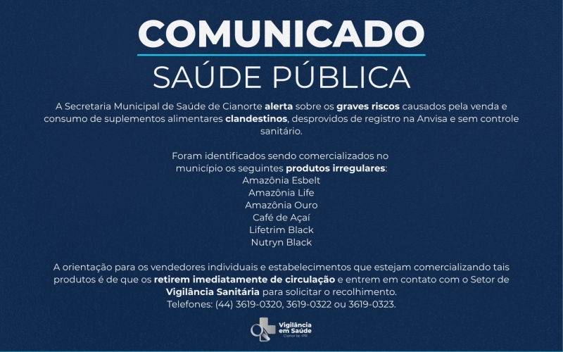 Secretaria Municipal de Saúde emite alerta sobre suplementos alimentares irregulares